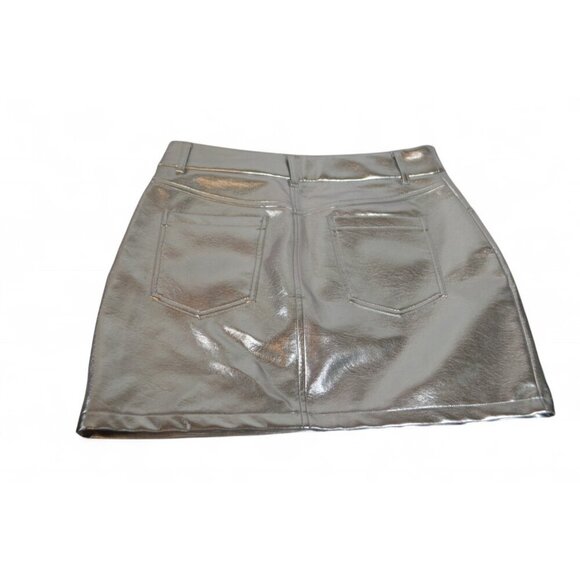 7 For All Mankind Metallic Silver Faux Leather Mini Skirt Size L Shiny Stretch - Picture 1 of 3